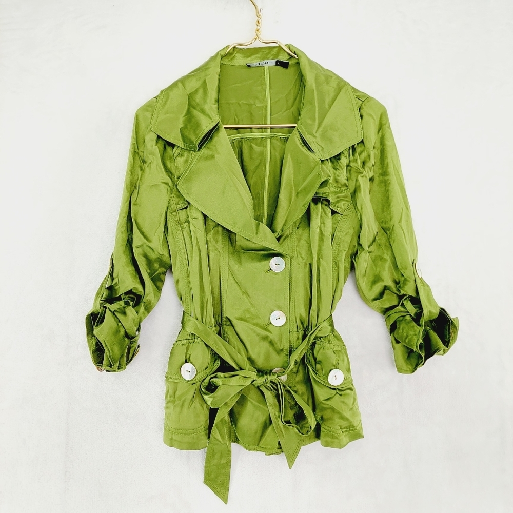Jon Green Silk Button Belted Long Sleeve Collared Jacket P6782